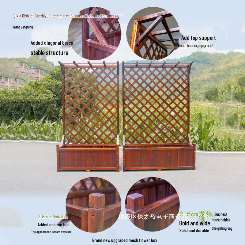 Carbonized Anti-Corrosion Wood Planter Box with Climbing Frame for Outdoor Balcony or Courtyard