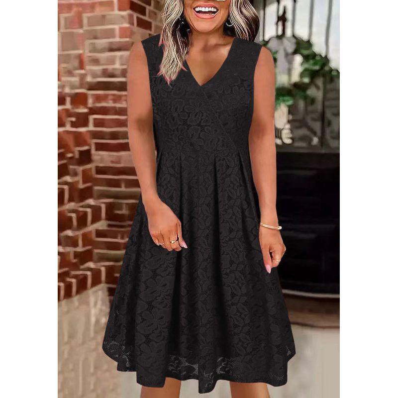 

Europe and America Cross Border Export Summer Women s V-neck Lace Dress Sleeveless Loose Large-Sized Skirt Vest Skirt Waist-Tight Pure Color Black 2XL(Bust size 116)