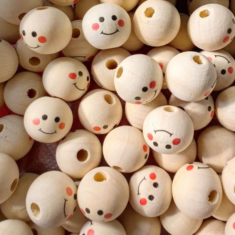 100pcs Wood Balls with Hole 20mm Smiling Face Head Ball Natural Wood Craft Bead for DIY Jewelry Making Macrames Handmade