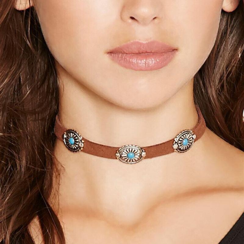 Bohemian Retro Metal Flower & Turquoise Choker Necklace