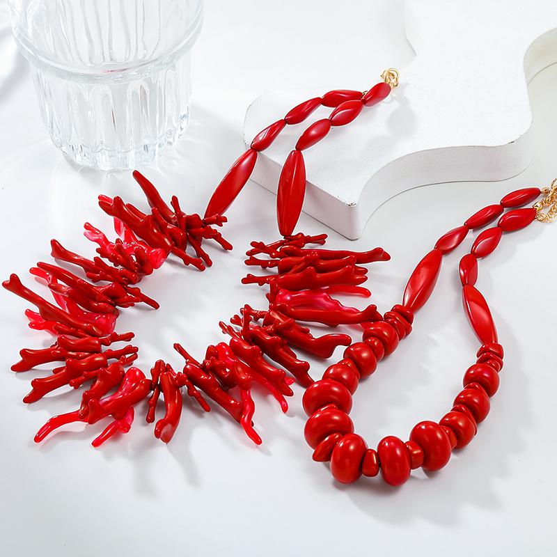 2Pcs Vintage Exaggerated Red Coral Necklace For Women Girls  Boho Style Statement Retro Necklaces Fine Jewelry Gifts