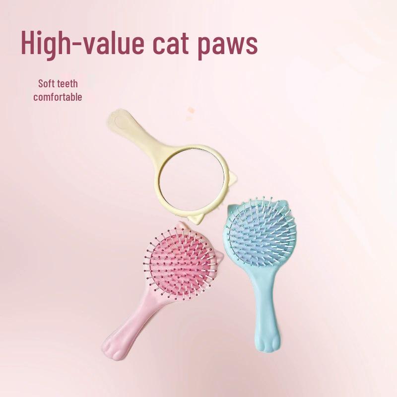 Cute Cat Paw Handheld Cushion Comb & Mirror - Portable Scalp Massage Brush
