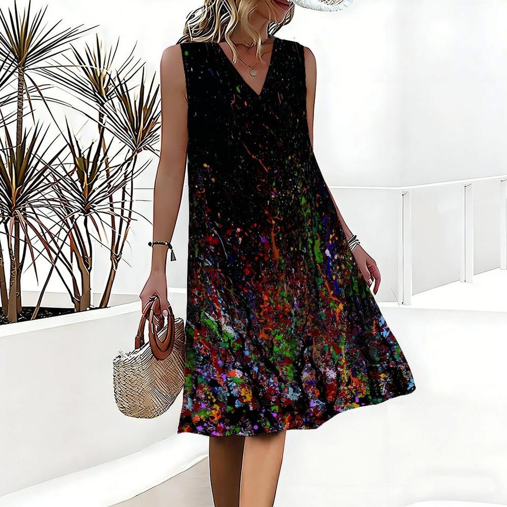 Plus Size V Neck Sleeveless Dress Dappled Sunlight Forest Stream Print For Outdoor Afternoon Rest
