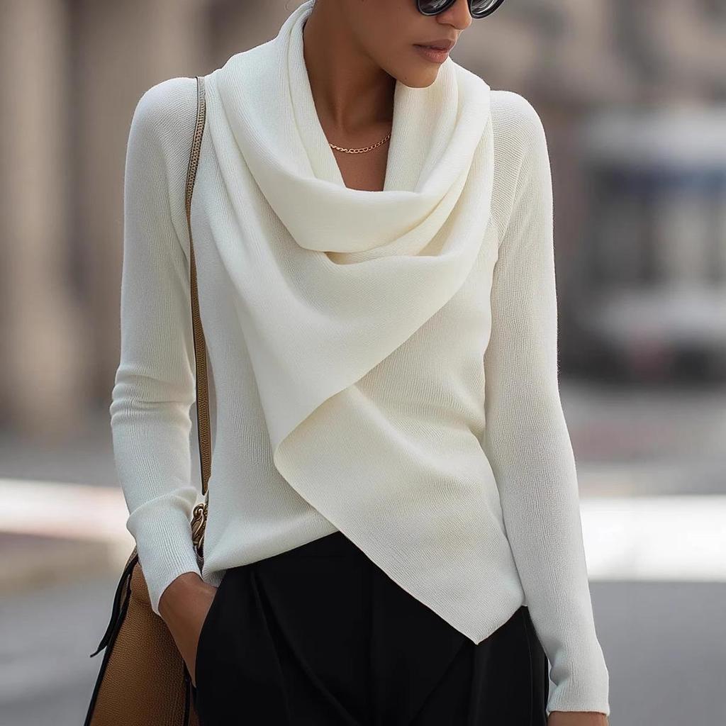 2025 Autumn/Winter Asymmetric Collar Solid Knit Sweater