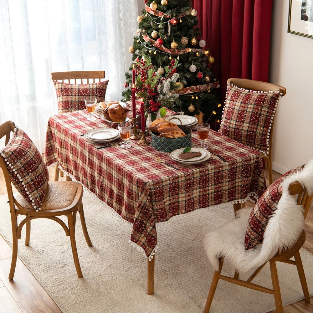Christmas Tablecloth Decorations with Pom Poms Cotton Linen Snowflake Table Mat for Western Dining Table