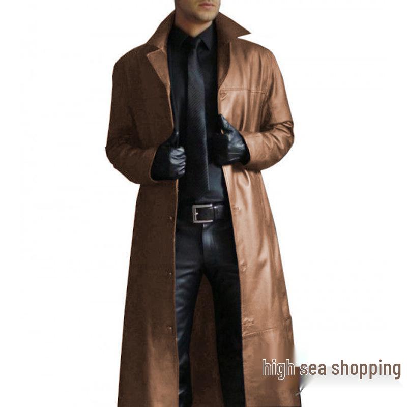 Men's Slim Fit Western Cowboy Leather Trench Coat with Lapel