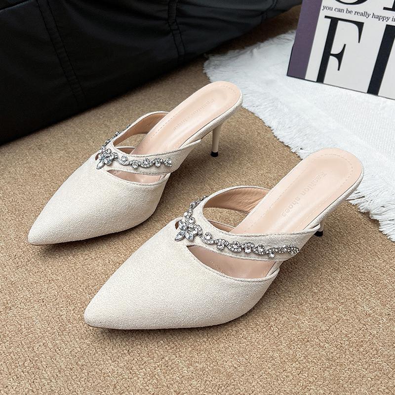 Fashion Stiletto Sandals Spring New Pointy Head Shallow Mouth Suede Rhinestones Running Out Set Feet Anti-slip Wear-resistant High Heels