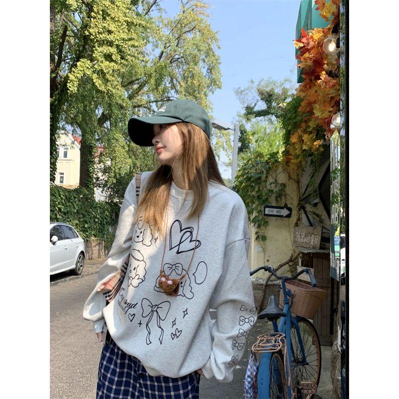 Kumikumi Sweet Style Fun Cartoon Print round Neck Long Sleeves Sweatshirt Female Autumn Loose Versatile Casual Top