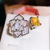 Sparkling Golden Zircon Flower Wedding Open Ring Silver Color White Gold Plated Anti Allergic  for Women
