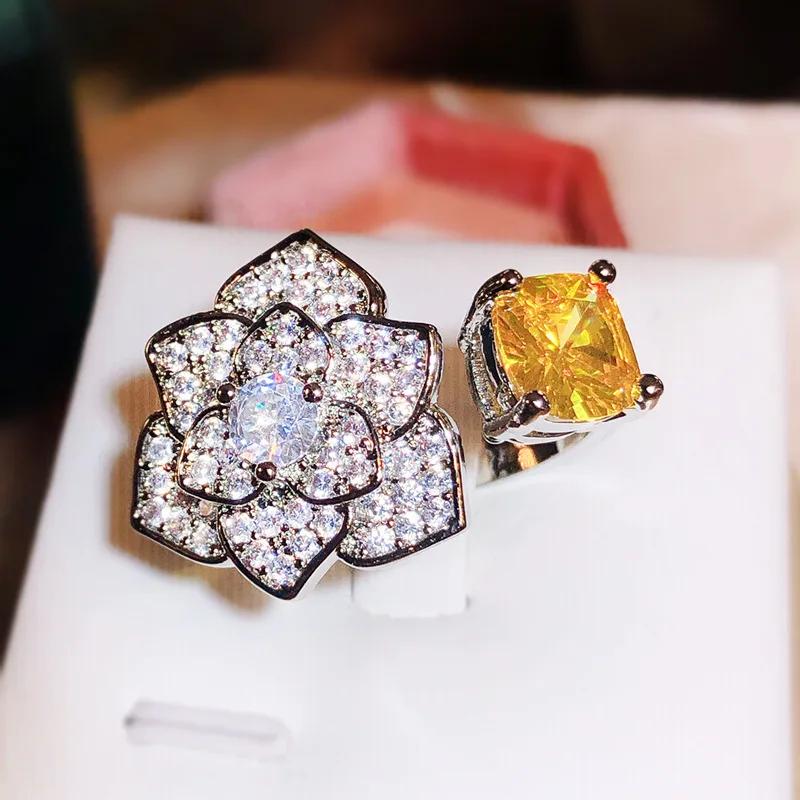 Sparkling Golden Zircon Flower Wedding Open Ring Silver Color White Gold Plated Anti Allergic for Women
