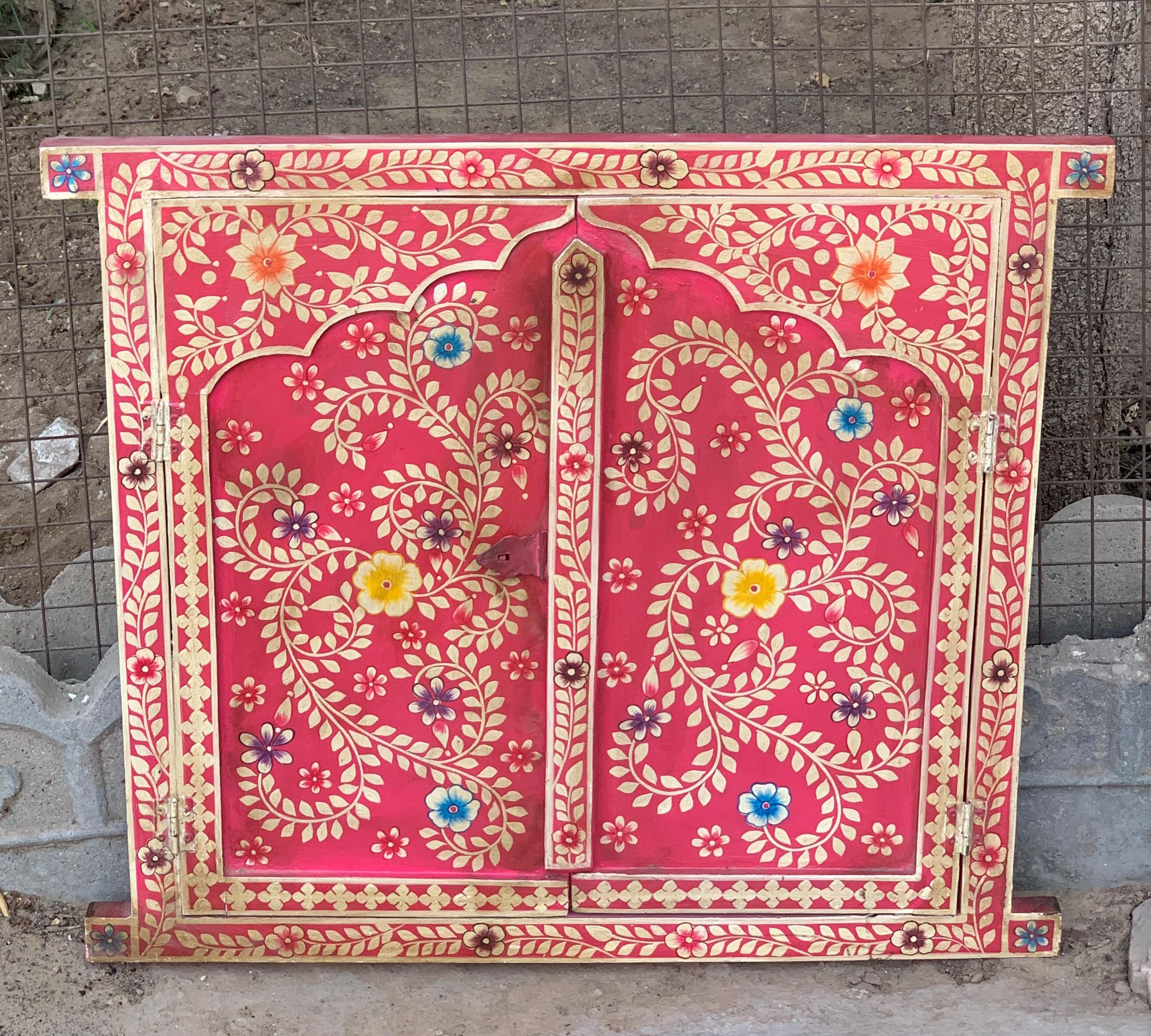 Hand Painted Pink Wooden Window Bone Inlay Designs Indian Floral Wall Decor Frame 24  x 28  x 1   (h x l x w) approx.