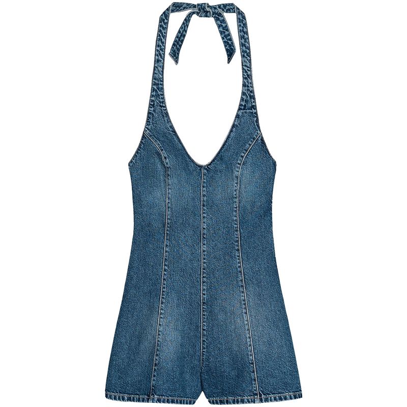 Zaprha 2025 New Arrival Hanging Collar Denim Open Back Jumpsuit Women's Waist-Tight Slimming and Wide Leg Shorts 4356084