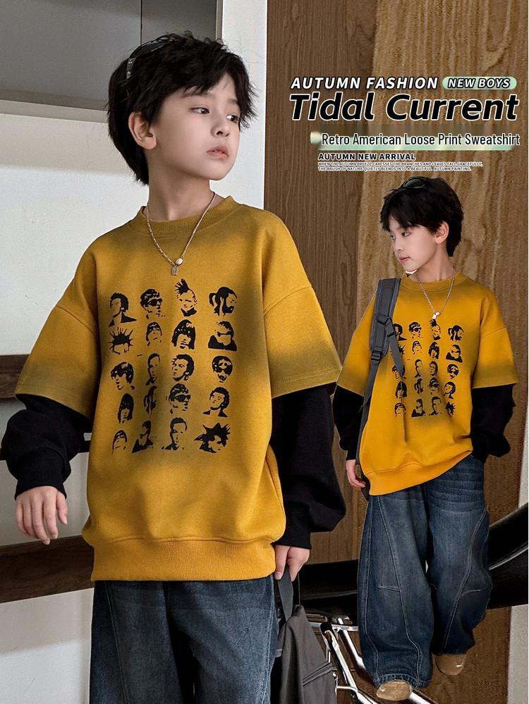 Jungen 2025 Trendiges Langarm-Sweatshirt: Amerikanisches Fake-Zweiteiler-Design für Kinder