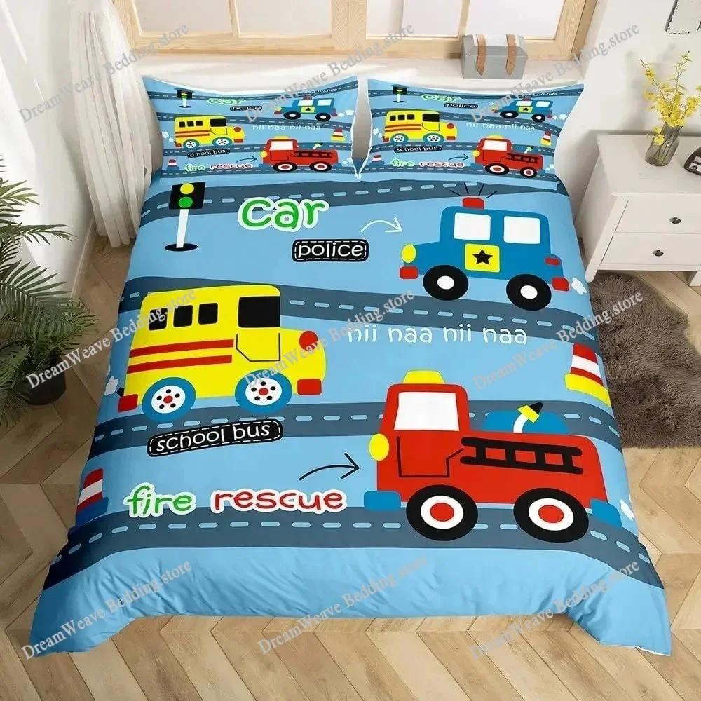 Firefighter Car Duvet Cover Set,Fire Truck Bedding Set King, Honeycomb and Fire Comforter Cover Fire Engine Vehicle Quilt Cover