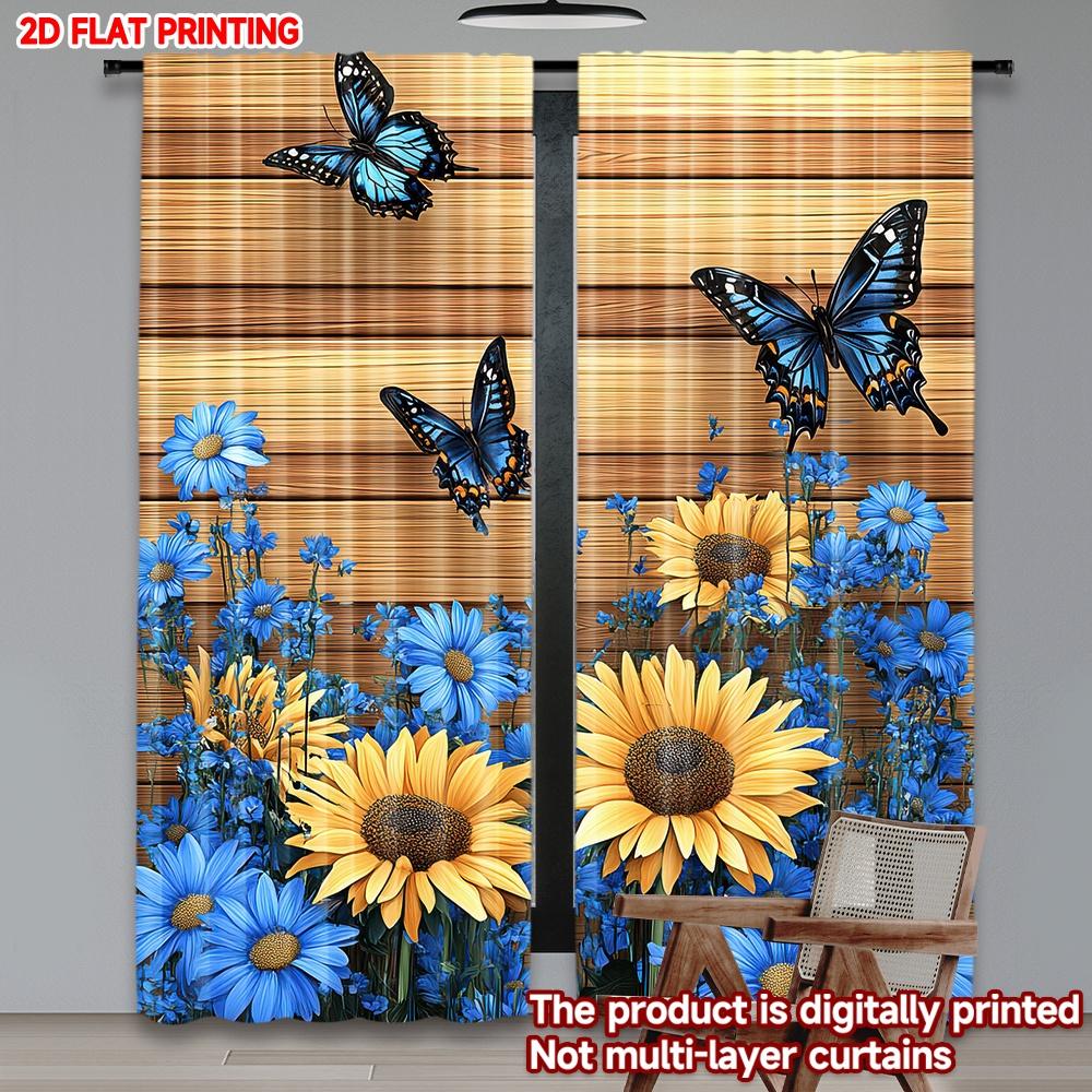 Set Of 2 Modern Butterfly Sunflower Curtains Flat Digital Printing Blue Yellow Floral Pattern Window Drapes Living Room Bedroom Curtain Polyester