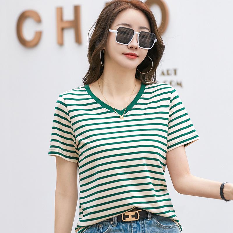 Striped Color Block V-Neck Retro Short Sleeve Women's Stylish Summer Top - New Arrival 