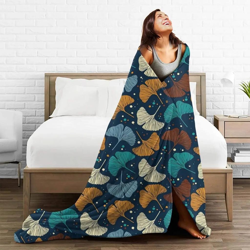 Ginkgo Biloba Flannel Blanket Super Warm Colorful Leaves Print Bedding Throws Winter Travel Office Bedroom Novelty Bedspread