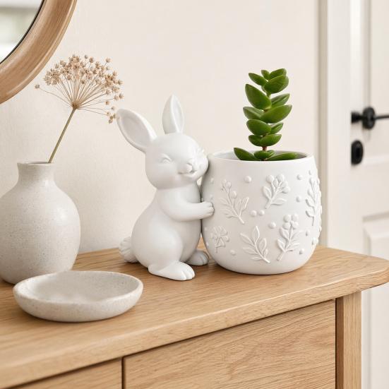 Mini Flowerpot 3D Printed Bunny Hugging Succulents Planter, Cute Rabbit Flower Pot with Embossed Planter Floral Body, Desk Decor for Office