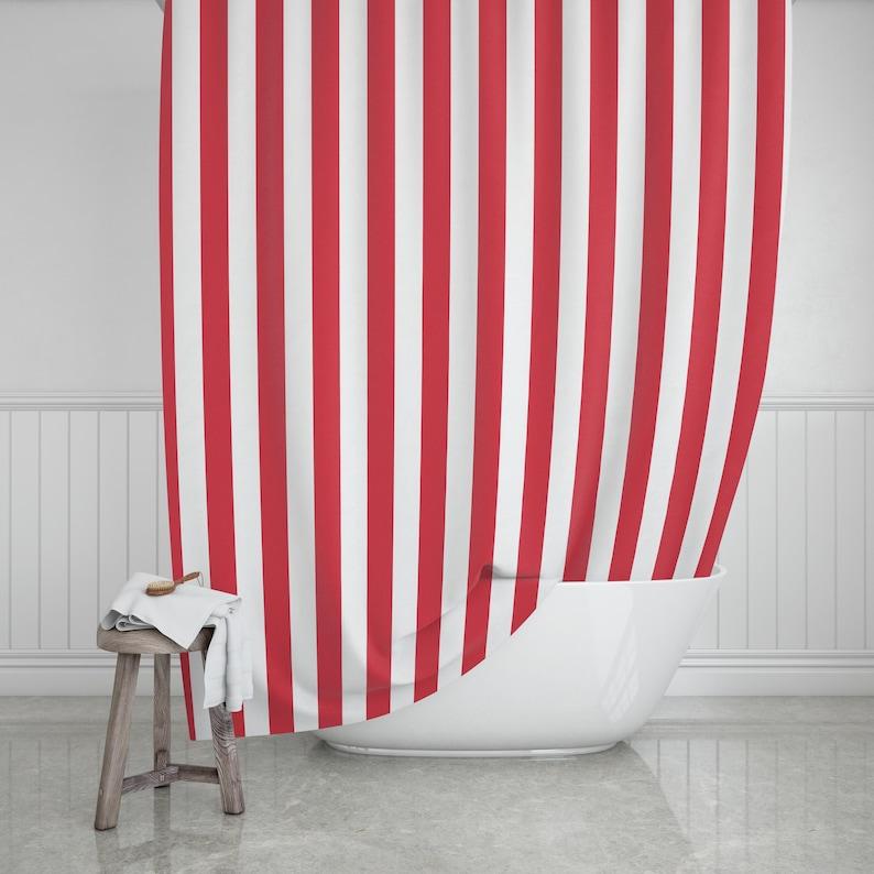 Red And White Striped Christmas Holiday Shower Curtain, Waterproof Bathroom Decor For Festive Seasonal Home