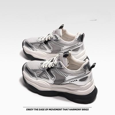 Women's Shoes Thick Bottom Daddy Shoes Breathable Mesh Silver Athletic Casual Shoes