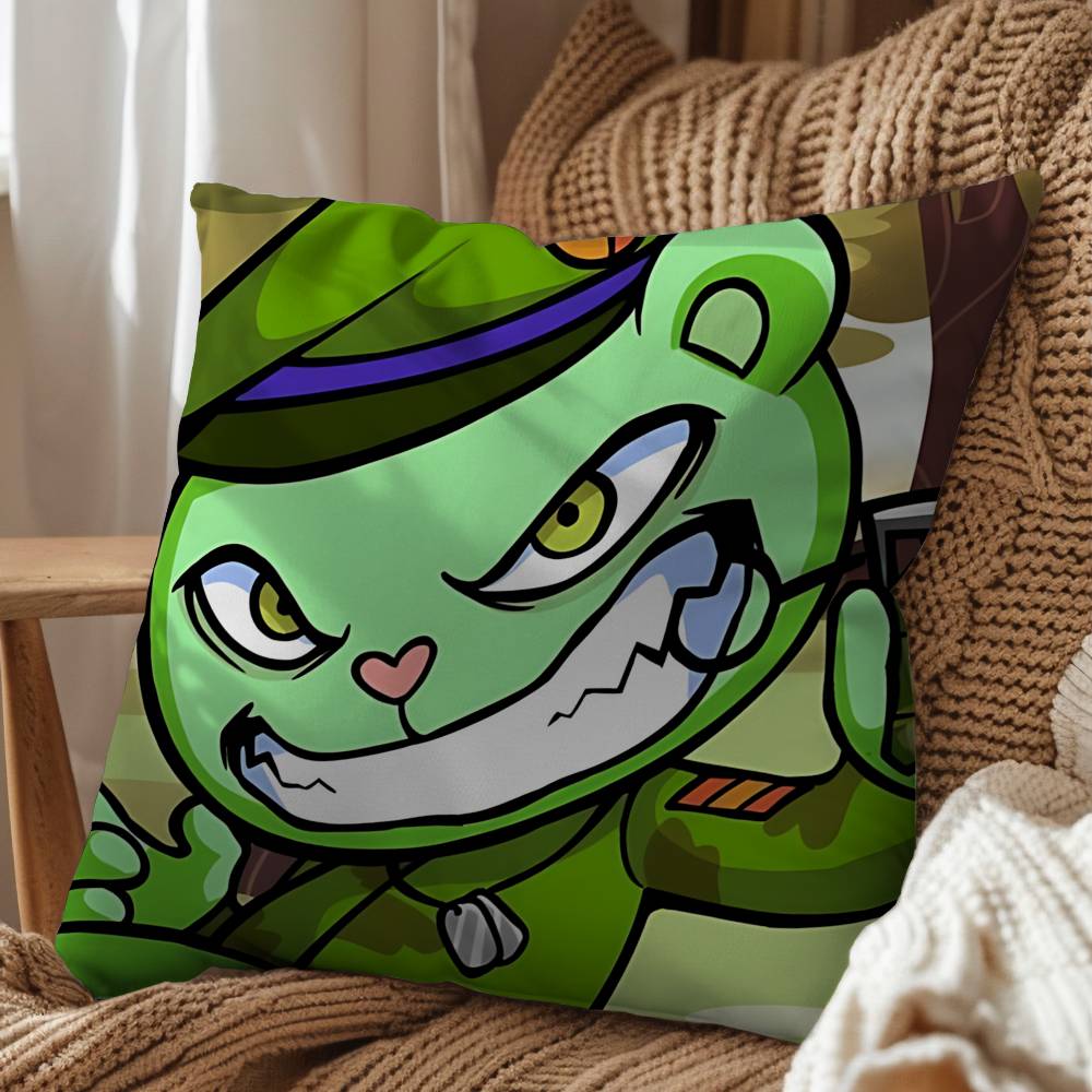 Green Cute Happy HTF Tree Friends Pillow Case Square DoubleSided Printing Short Plush Sofa Cushion Cover Bedroom Bedside Pillow