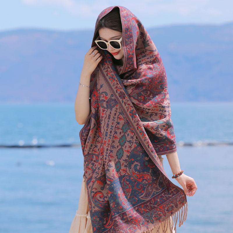 Yunnan Lijiang Tourism New Shawl Ethnic Style Scarf Women's Retro Cloak Photo Thickened Imitation Cashmere Scarf