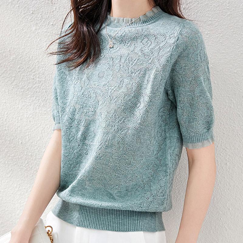 Women Sweaters Pullovers 2025 Summer Short Sleeve O-Neck White Knitted Sweater Women Tops Pullover JJ320