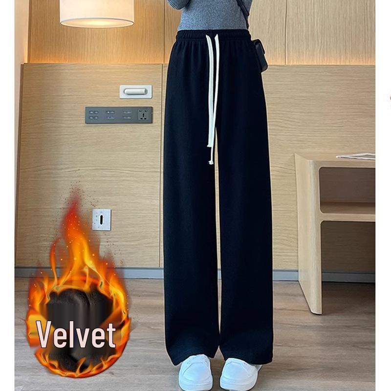 Extra Thick Oatmeal Cashmere Wide Leg Pants for Petite Women - Autumn Winter Style