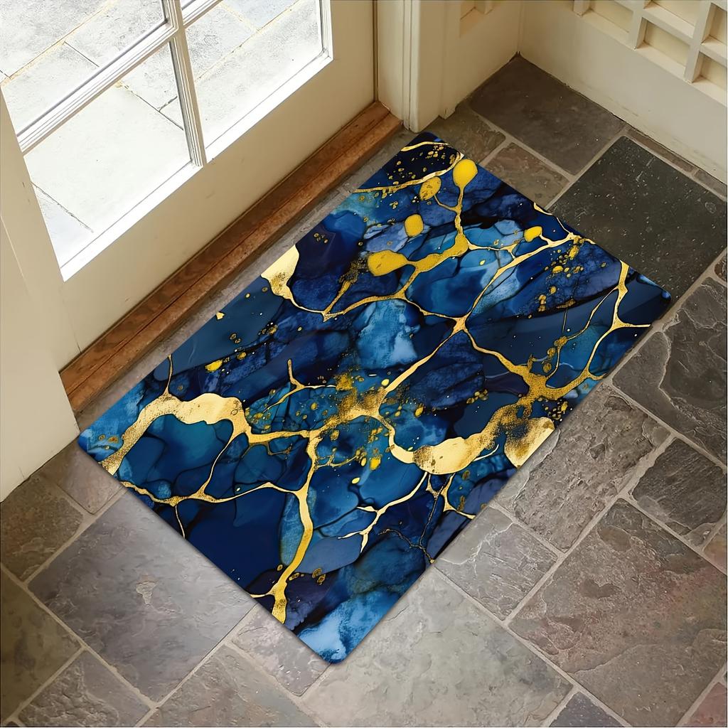 Elegant Blue and Gold Marble Doormat - Abstract Art Design for a Luxurious Home Entrance, Perfect for Modern Decor
