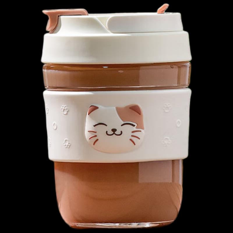 Vanow Coffee Cat Glass Water Bottle with Straw
