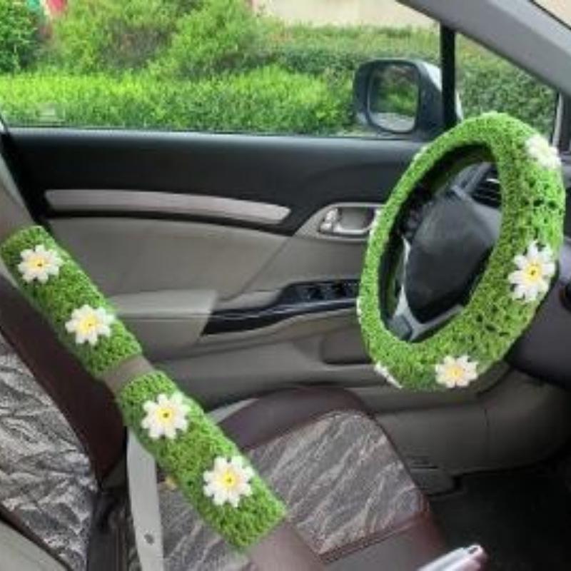Car Steering Wheel Cover Warm  Anti Slip Grip Seat Belt Safe Hand Crocheted Flower Design for Stylish Car Decor Winter Simple