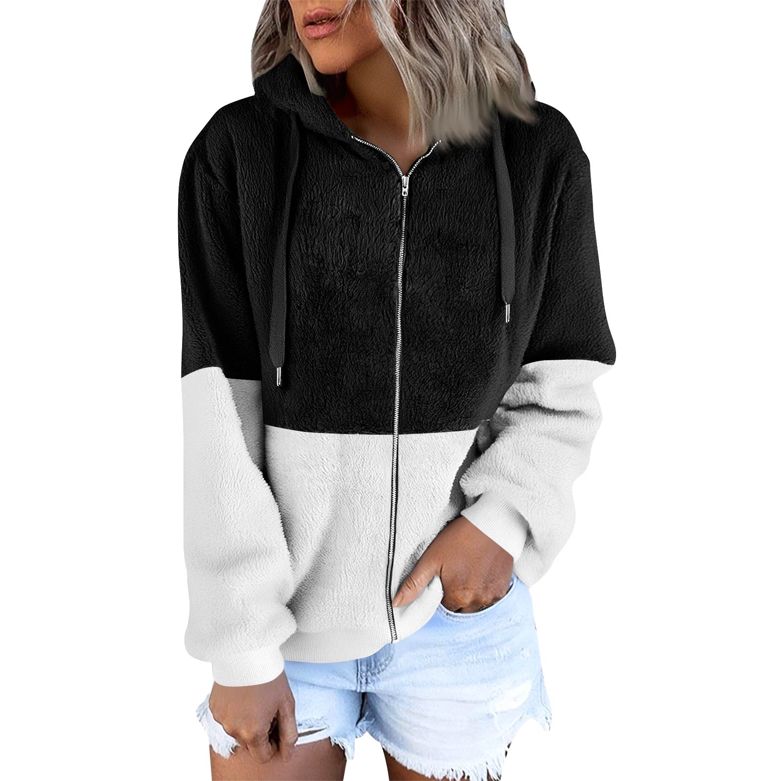 

Women s Fashionable Warm Fleece Solid Color Hoodie Zipper Pocket Casual Jacket L чорний