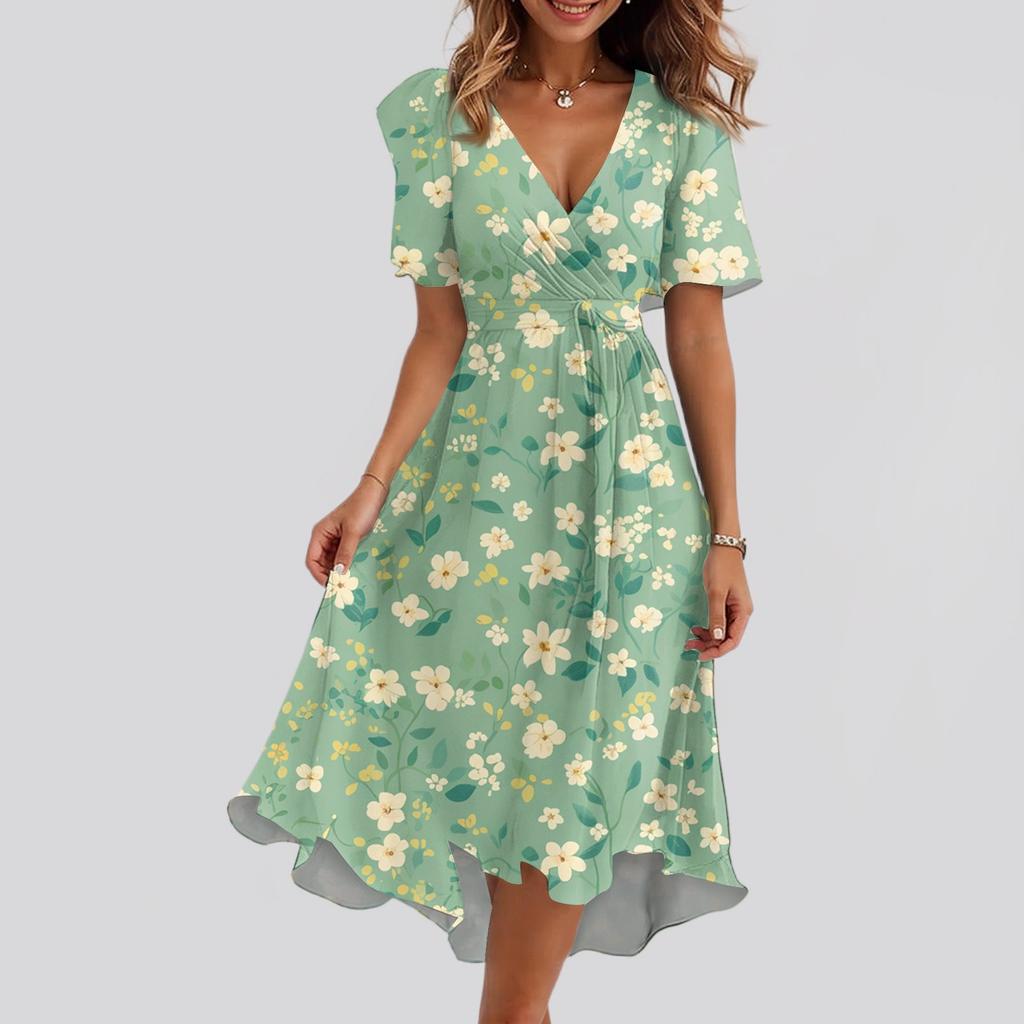 Damen Locker Lässig V-Ausschnitt Ausgestellter Rock Kurzärmlig Bedrucktes Kleid Bedrucktes Kleid