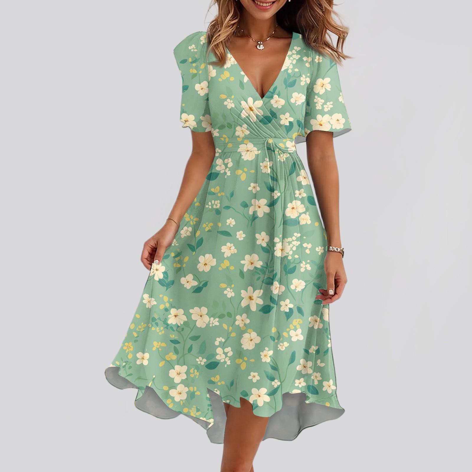 

Женское свободное повседневное платье с V-образным вырезом, расклешенная юбка, короткие рукава, напечатанное платье с принтом L