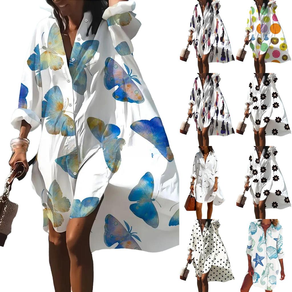 Women's Loose Fit Midi Shirt Dress with Notched Collar for Casual Fashion