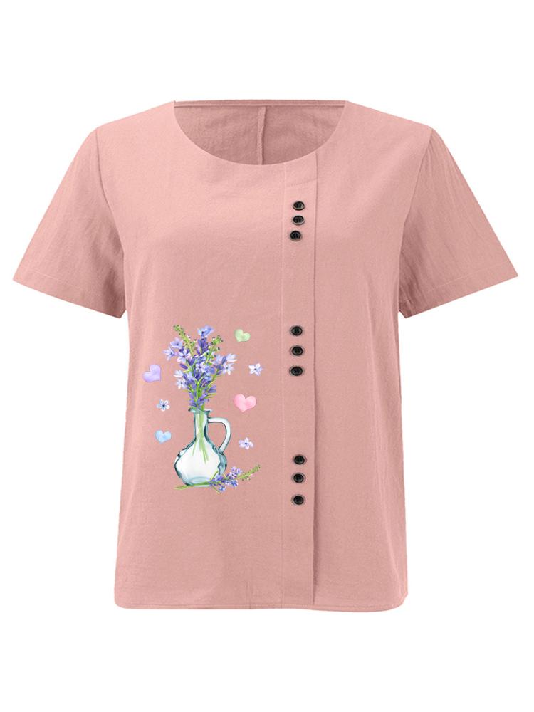 Женская Модная Футболка с Принтом Фиолетовых Цветов, Круглый Вырез, Короткий Рукав, Повседневная Хлопковая Льняная Футболка с Рисунком, Свободная Летняя Блузка, Топы S розовый