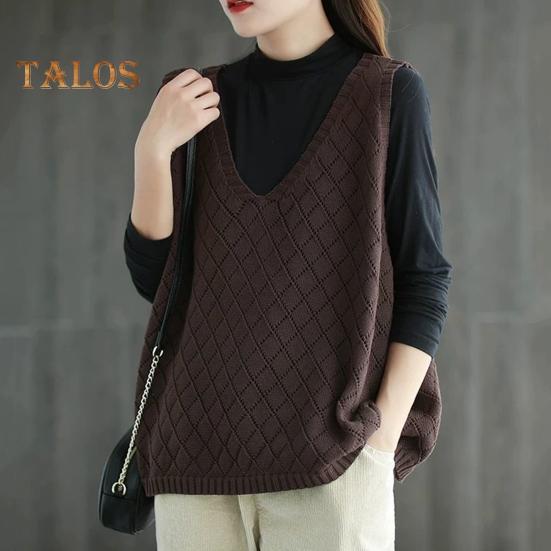 Spring Fall Women Vest Knitted Sweater Retro V Neck Loose Sleeveless Solid Color Pullover Hollow Out Rhombus Texture Daily Wear Top