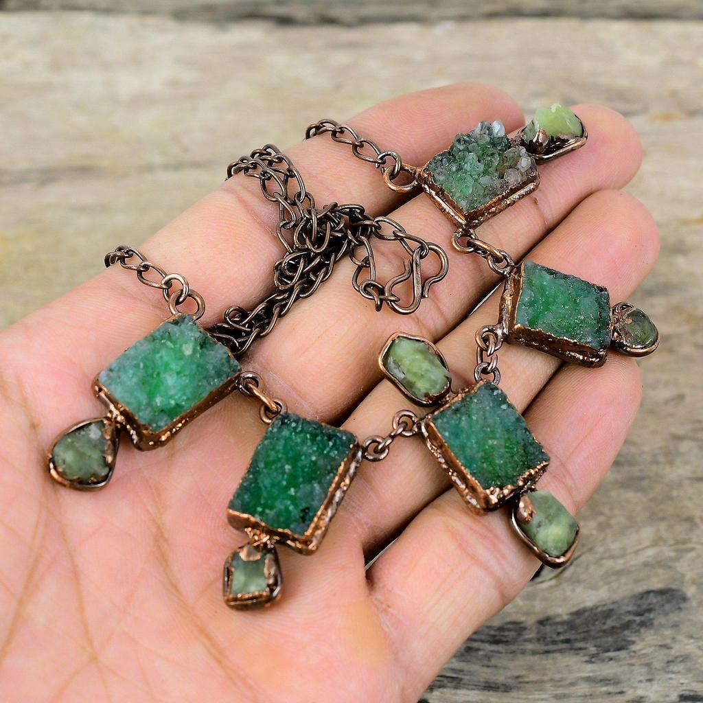 Green Druzy Necklace Electroformed Copper Necklace Aquamarine Rough Necklace Adjustable Chain Necklace Gemstone Copper Jewelry Wedding Gift