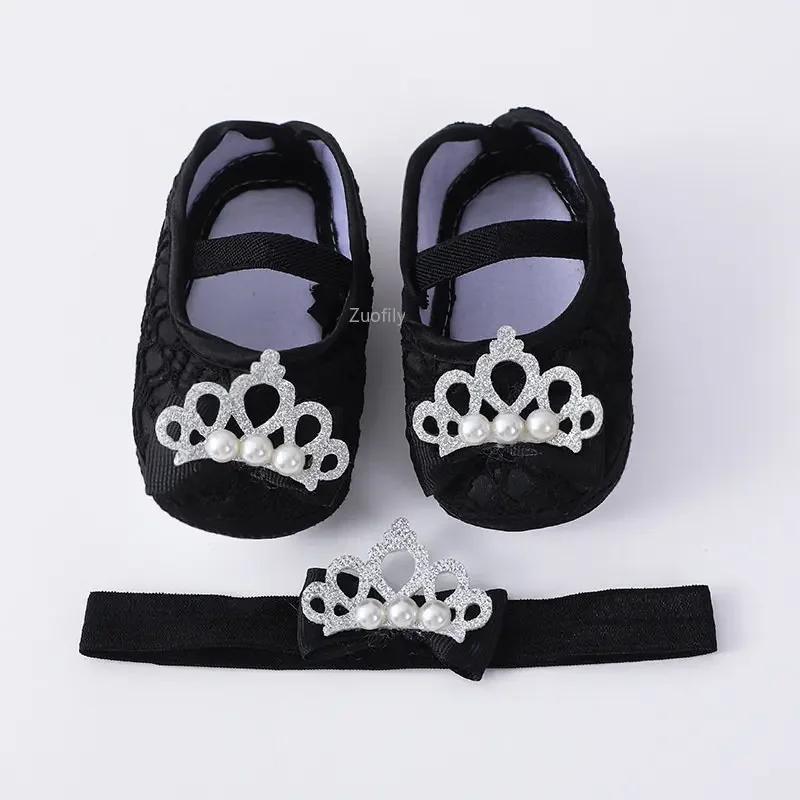 Spring Infant Baby Girl Shoes Newborn Lace Flowers Headband Anti-Slip Soft Sole First Walkers Toddler Kids Cotton Baptism Shoes