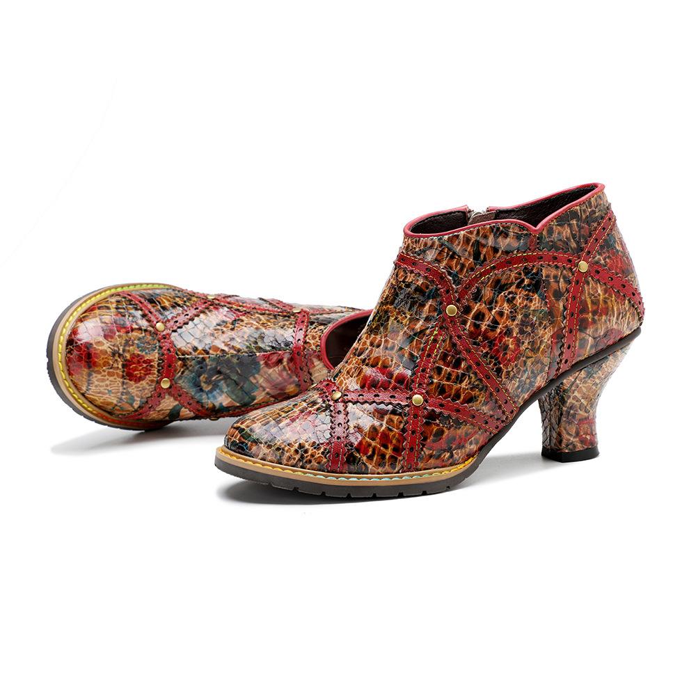 Johnature Rýt Spliced ​​Fashion High Heels Dámské z pravé kůže s kulatou špičkou Všestranné lodičky