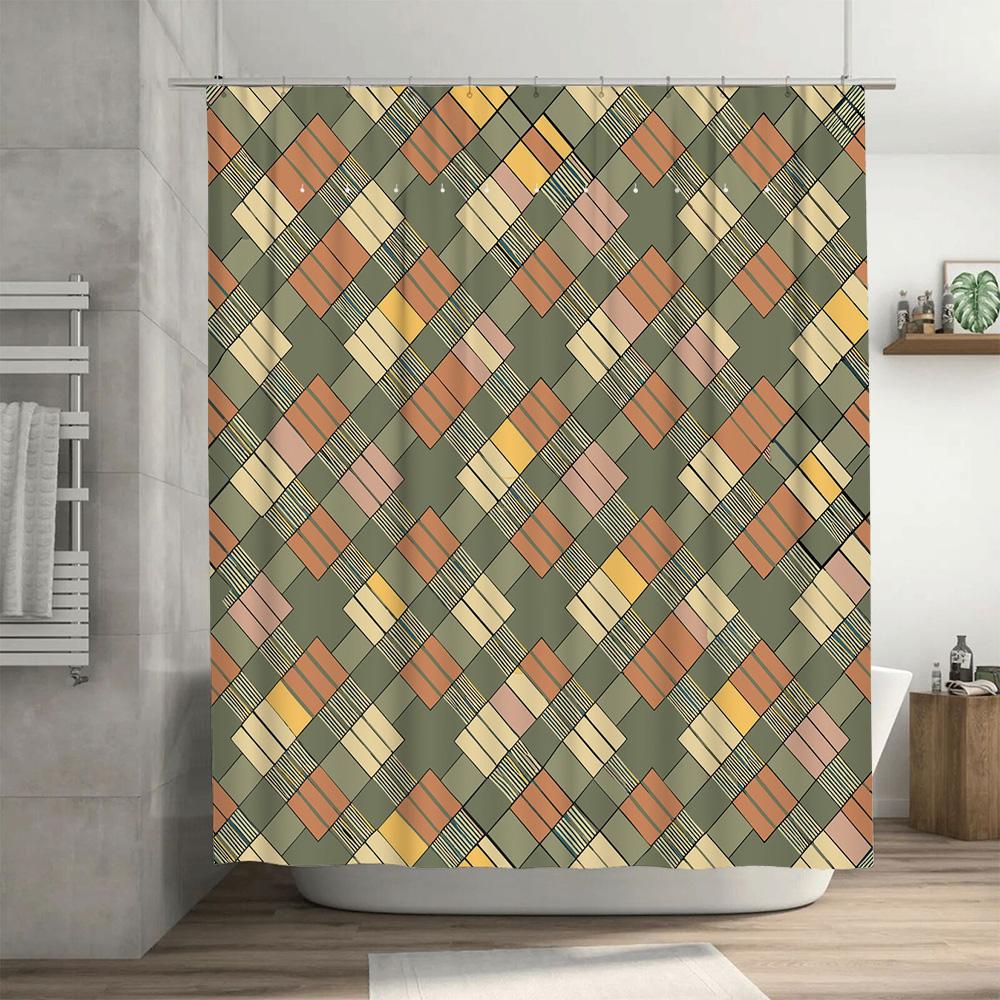 Plaid Shower Curtain Waterproof Fabric Decorative Bath Mat Home Decoration Red Blue Green White Striped Print Size Customizable