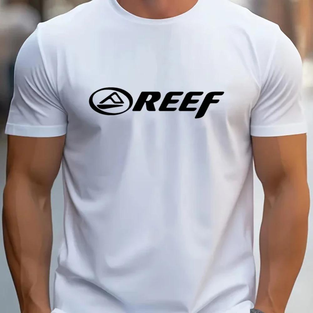 Herren Casual Rundhals T-Shirt 100% Strickstoff Leichter Stretch Normale Passform REEF Alphabet Muster Mode Trendiges T-Shirt Top
