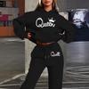2025 Trendy Women's Letter Print Hooded Sweatshirt & Long Pants Set - European & American Style Casual Fashion