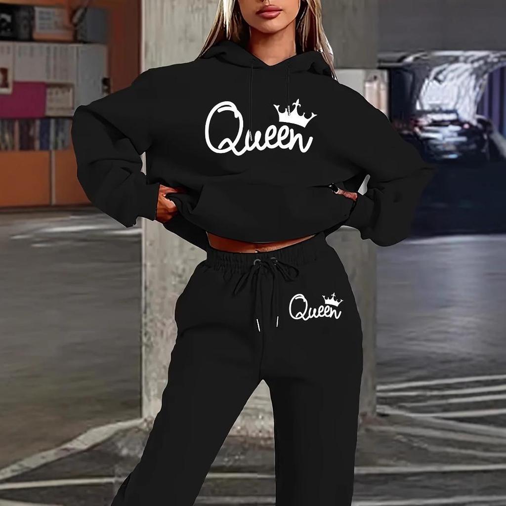 2025 Trendy Dámská Mikina s Kapucí a Dlouhé Kalhoty s Potiskem Písmen - Ležérní Móda v Evropském a Americkém Stylu