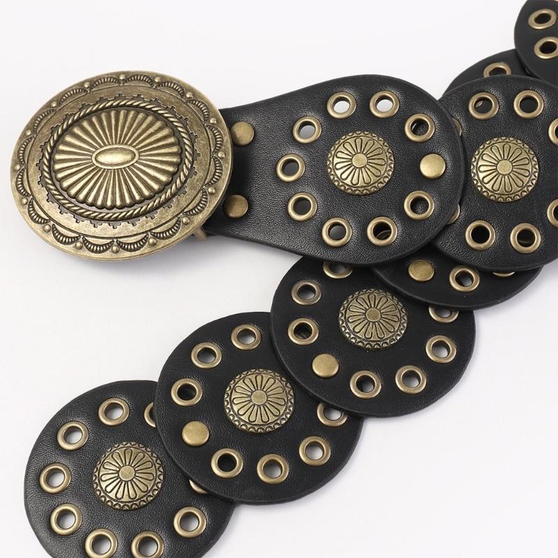 Wear Resistant Waist Belt with Round Disc Buckle Adult Motorcycle PU Waist Belts for Women Coat Dress Adjustable Length