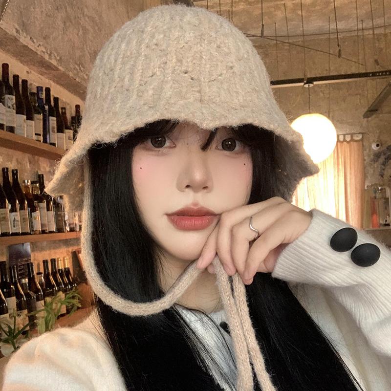Strap Knitted Bucket Hat Women's Autumn and Winter New Versatile Bucket Hat Big Head Circumference Show Face Small Wool Hat