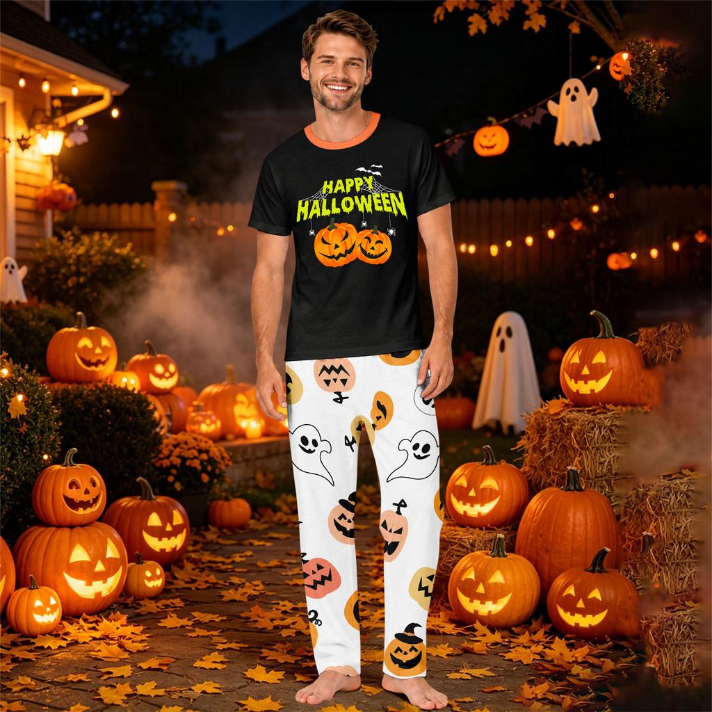 Family Matching Halloween Printed Loungewear Set with Short Sleeve Top and Pants