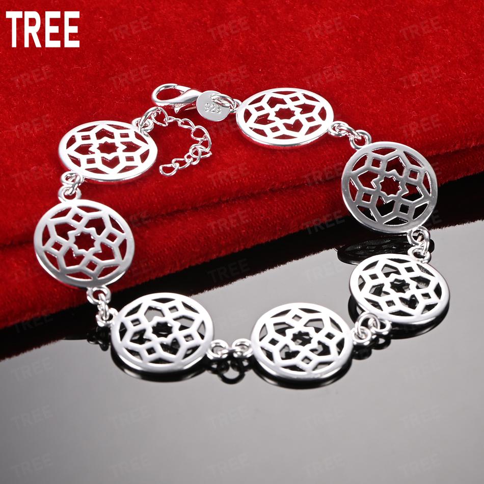 925 Sterling Silver Openwork Art Disc Side Chain Beautiful Bracelet Gift Jewelry 20CM