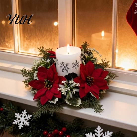 Seasonal Home Table Accent Christmas Candlestick Wreath, Red Poinsettia Pine Needle Candle Ring Decorative Base Wreath with Berries, Tabletop