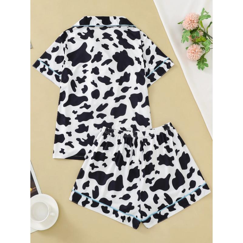 Two-piece set of women's pajamas lapel top and trousers cow pattern summer casual women's pajamas home wear